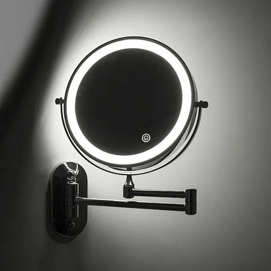 Your Skin Icon wall folding makeup mirror with double-sided magnification, LED fill light, USB charging, and tricolor dimming.