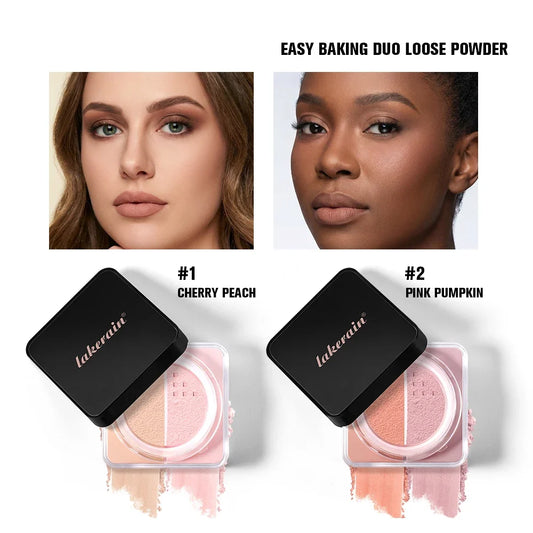 Your Skin Icon 2-in-1 Bake Loose Powder Duo with brightening and correcting shades for blurred pores and matte long-lasting setting.
