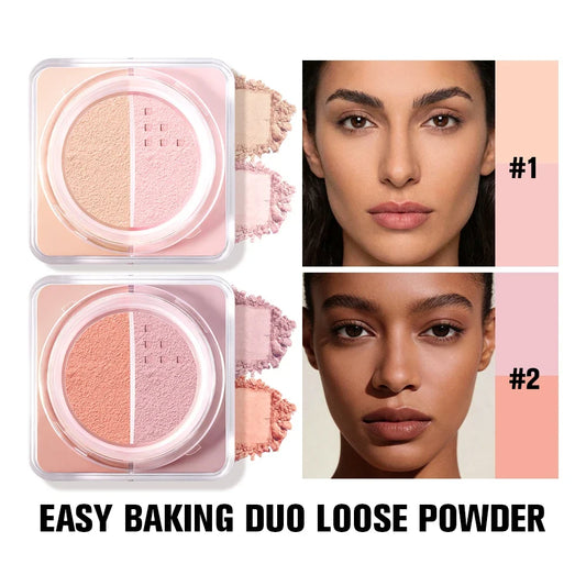 Your Skin Icon 2-in-1 bake loose powder duo with brightening and correcting shades for blurred pores and matte long-lasting makeup.
