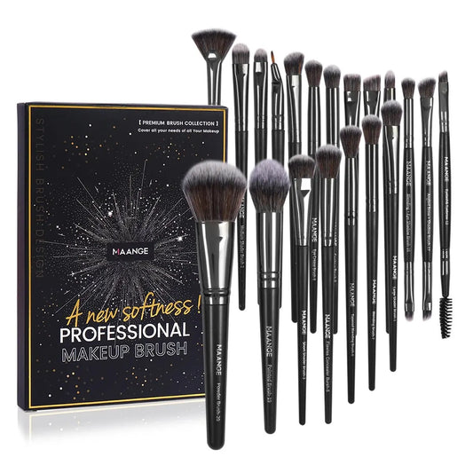 Your Skin Icon MAANGE professional makeup brushes set with 20 brushes for foundation, concealer, eyeshadow, and blush in a portable box.