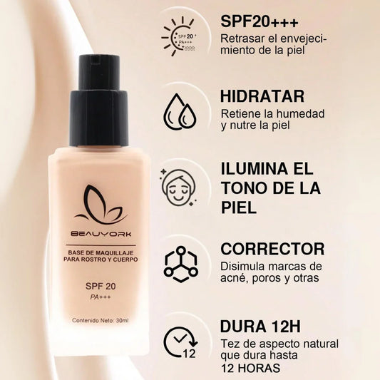 Women’s makeup SPF20 PA+++ sunscreen foundation by Your Skin Icon with full coverage, matte finish, and long-lasting moisturizer.