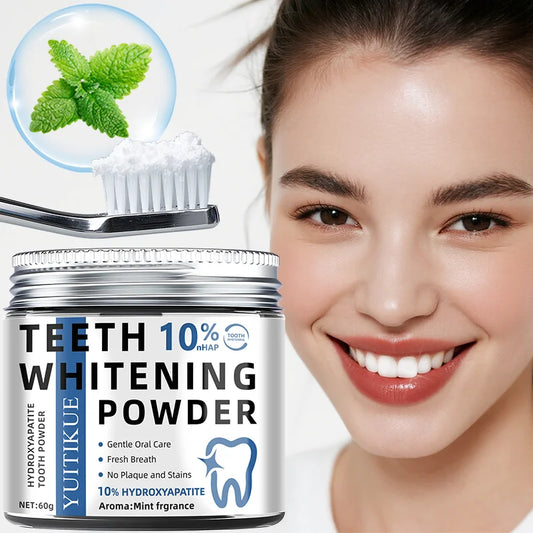 Professional hydroxyapatite tooth powder by Your Skin Icon showing the 60g jar with mint-flavored packaging for whitening and deep cleaning.
