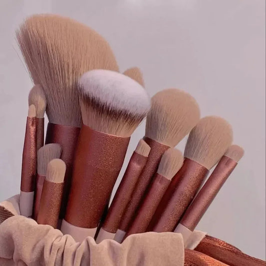 Set of 10/13 makeup brushes including eyeshadow, foundation, blush, and cosmetic tools from Your Skin Icon in a soft brush bag.