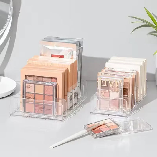 Clear 7-compartment makeup organizer box by Your Skin Icon, holds cosmetics, blush, eyeshadow, and helps save space.