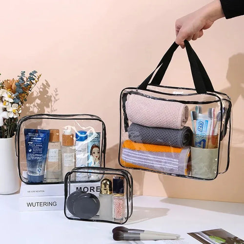 Transparent toiletry bags set from Your Skin Icon, large capacity travel organizer pouches for cosmetics, toiletries, and storage.