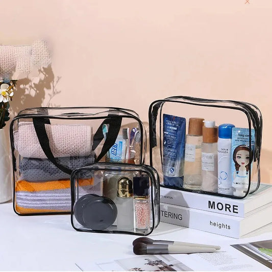Three transparent toiletry bags from Your Skin Icon, large capacity travel organizer and makeup cosmetics storage pouches.