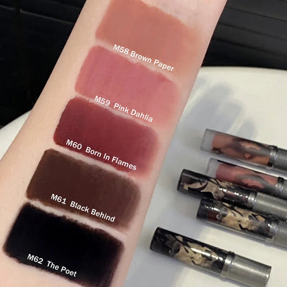 Girlcult Love Whisper Matte Lip Stain by Your Skin Icon showing a soft-focus, velvet matte finish on lips with edgy makeup look