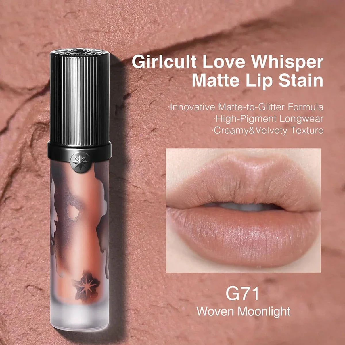 Girlcult Love Whisper matte lip stain by Your Skin Icon, lightweight velvet texture with soft-focus finish, perfect for edgy makeup looks.