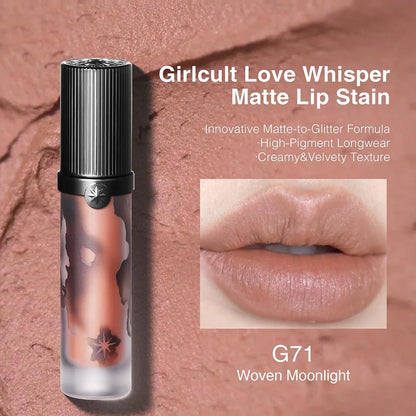 Girlcult Love Whisper matte lip stain by Your Skin Icon, lightweight velvet texture with soft-focus finish, perfect for edgy makeup looks.