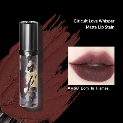 Girlcult Love Whisper matte lip stain by Your Skin Icon featuring velvet matte texture and soft-focus finish for edgy makeup looks