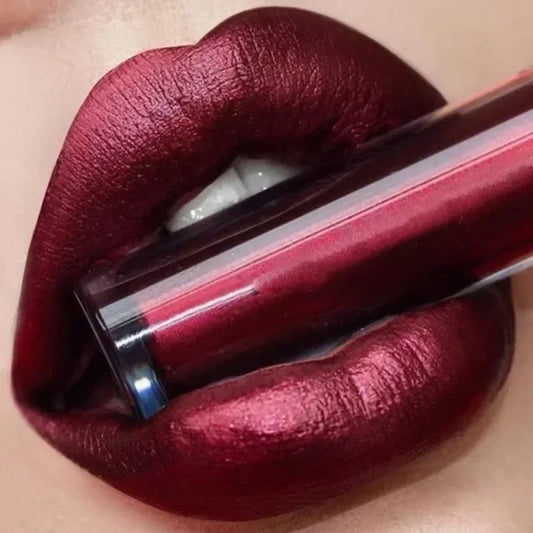 Your Skin Icon metallic matte liquid lipstick in Meihua Red, waterproof, long-lasting, with shimmer and glitter finish for women’s lips.