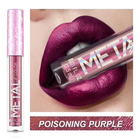 Your Skin Icon metallic matte liquid lipstick in Meihua Red, waterproof, long-lasting, with shimmer and glitter finish on lips.