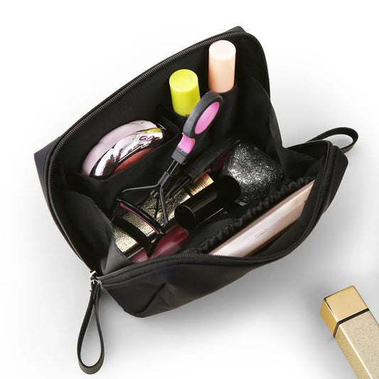 Large waterproof makeup bag by Your Skin Icon with multiple color options, Dacron material, partitioned cosmetic storage, handbag style