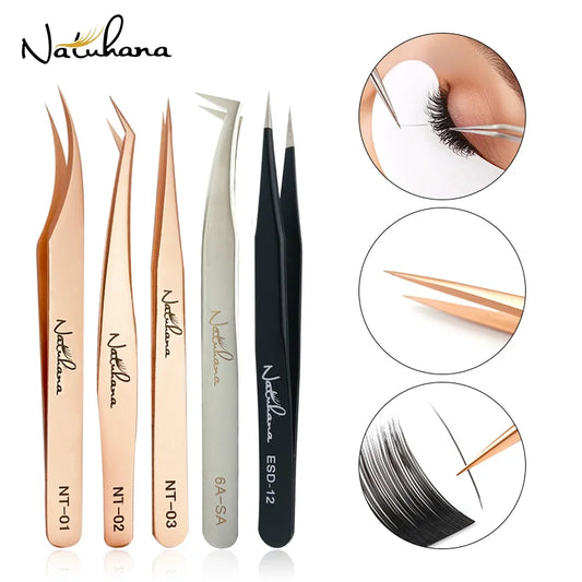 NATUHANA anti-static straight eyelash extension tweezers by Your Skin Icon, industrial precision curved and straight makeup tools.