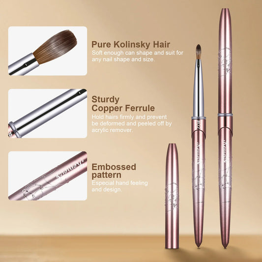 Kolinsky acrylic nail brush with round handle and natural bristles, ideal for acrylic nail application by Your Skin Icon