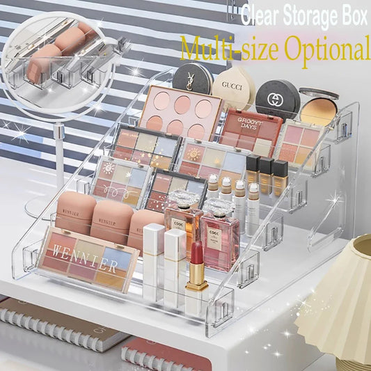 Clear makeup organizer by Your Skin Icon with compartments for cosmetics, jewelry, and desktop storage.