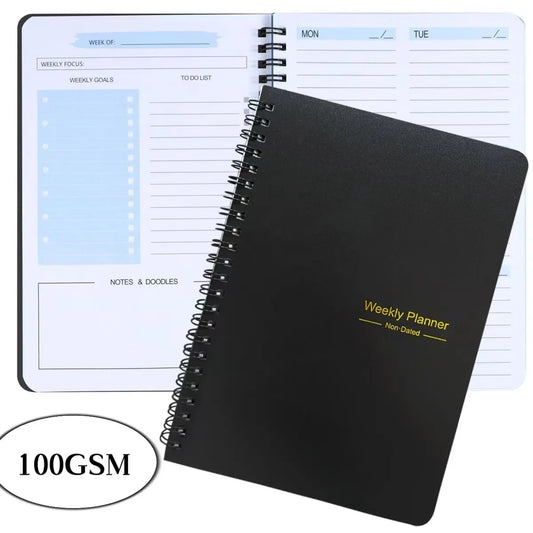 Black YuanMeng 52-week weekly planner schedule agenda notebook for students and office use, with daily and monthly diary pages.