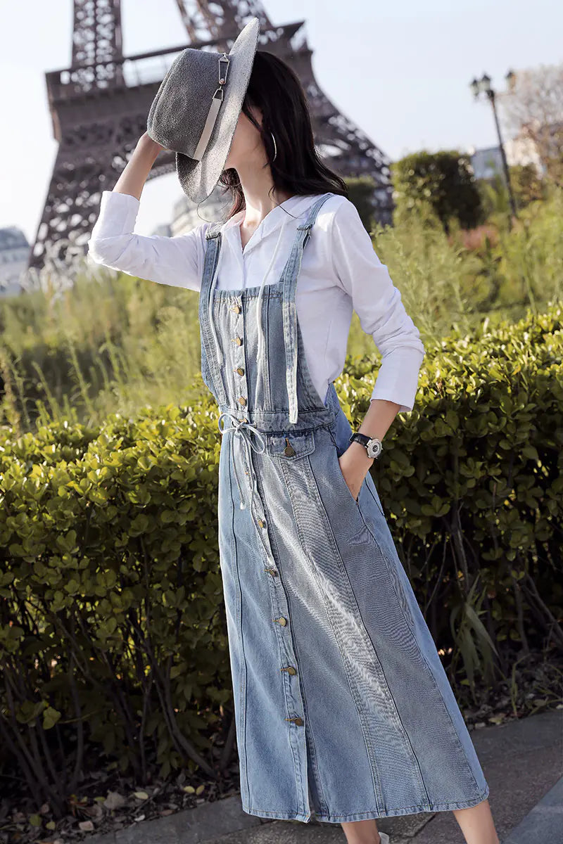 Button Strap Denim Dress, Denim Overall Dress