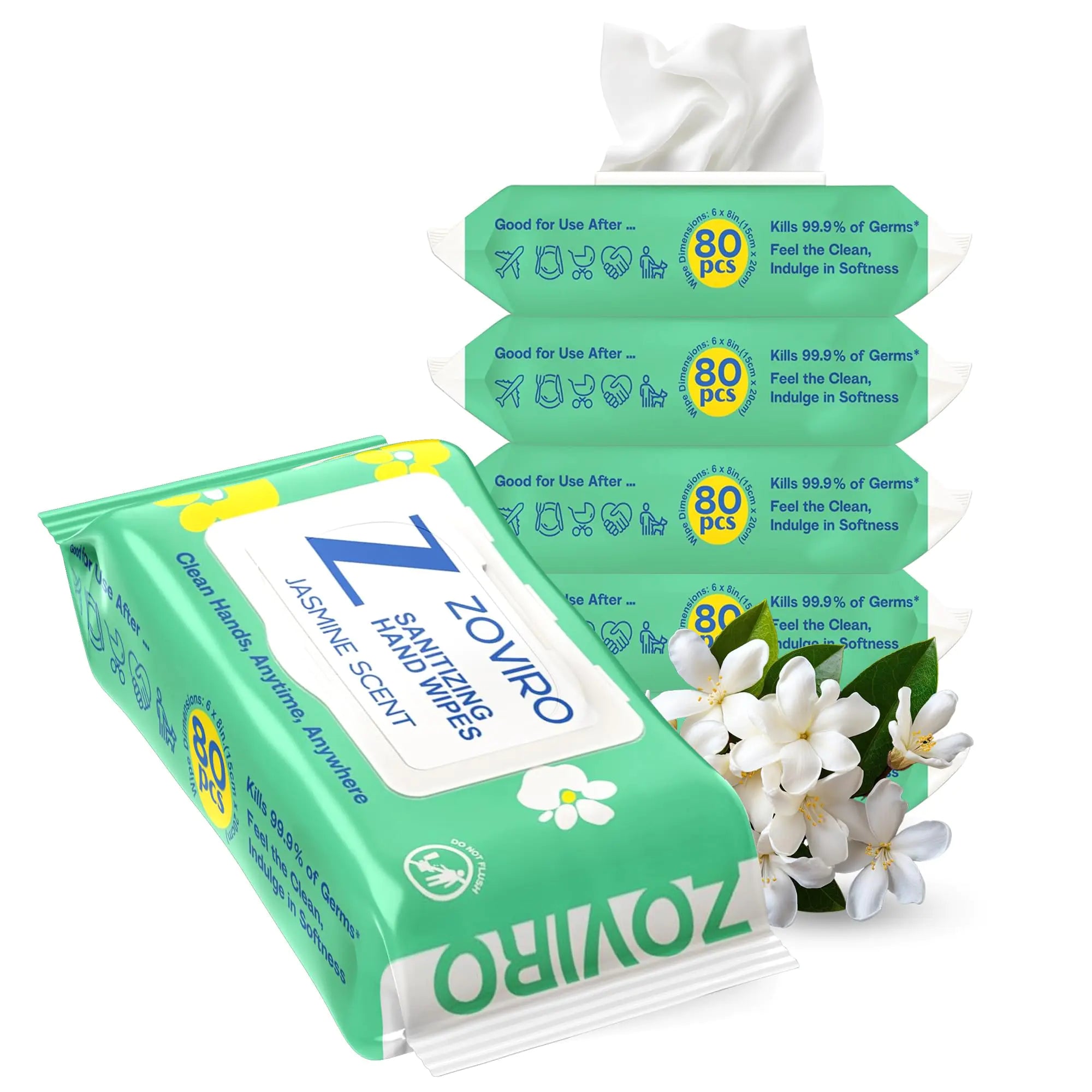 Zoviro Hand Sanitizing Wipes Bergamot and Orange Essential Oils Hand Wipes Travel Size Moisturizing Hand Sanitizer Wipes Value Pack Jasmine Scent 80 Count (Pack of 6)