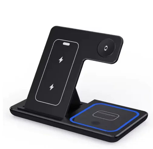 3-in-1 LED Fast Wireless Charger Stand – Foldable Charging Station for iPhone, Apple Watch & AirPods (Black/White)