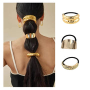 papasgix 3 PCS Metal Hair Tie Ponytail Hair Cuff Gold Hair Cuff Gold Ponytail Cuff Silver Metal Hair Ties Hair Elastic Hair Ties for Women Gold Hair Accessories (Gold Set 03)