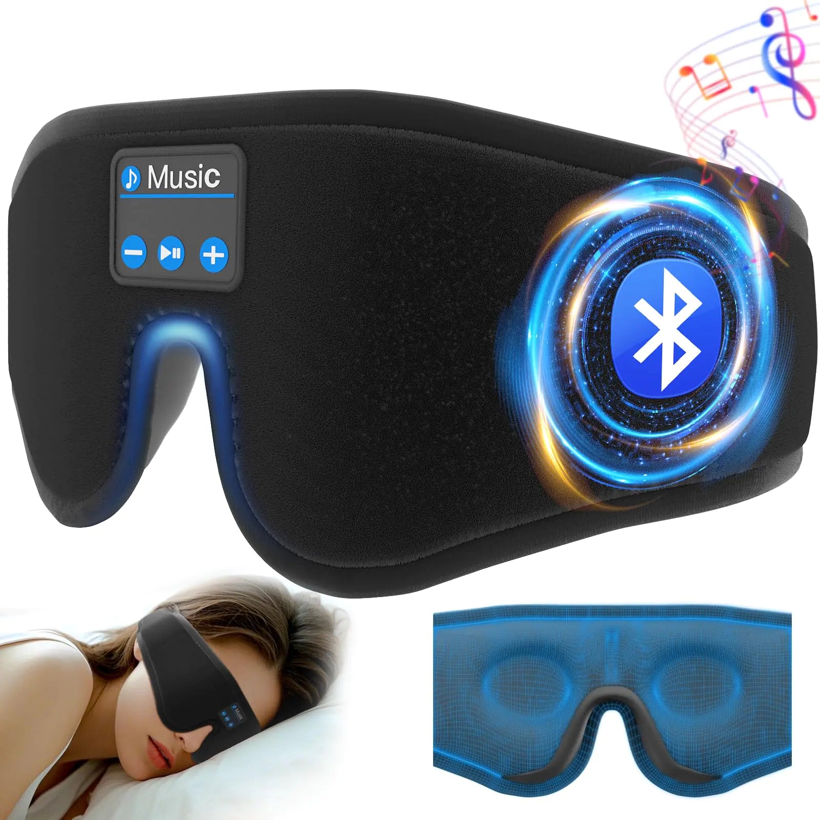 EarAccord Sleep HeadphonesSleep mask with Bluetooth HeadphonesSide SleepersTotal DarknessSoft ComfortableWireless Sleeping Eye Mask with Mic Timer for Women Men Insomniac Shift Work(Black)