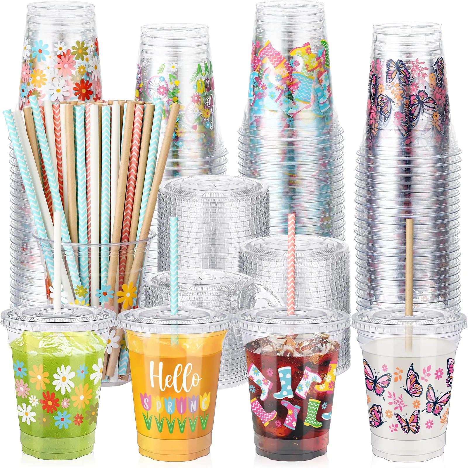Ovveroche 100 Set Spring Disposable Plastic Cups with Lids and Straws 12Oz Cute Drinking Cups Coffee Cups for Birthday Baby Shower Wedding Party Supplies