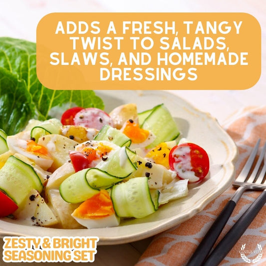 Gustus Vitae Zesty & Bright Seasoning Set with assorted spice blends and gift box for flavorful cooking and gifting.