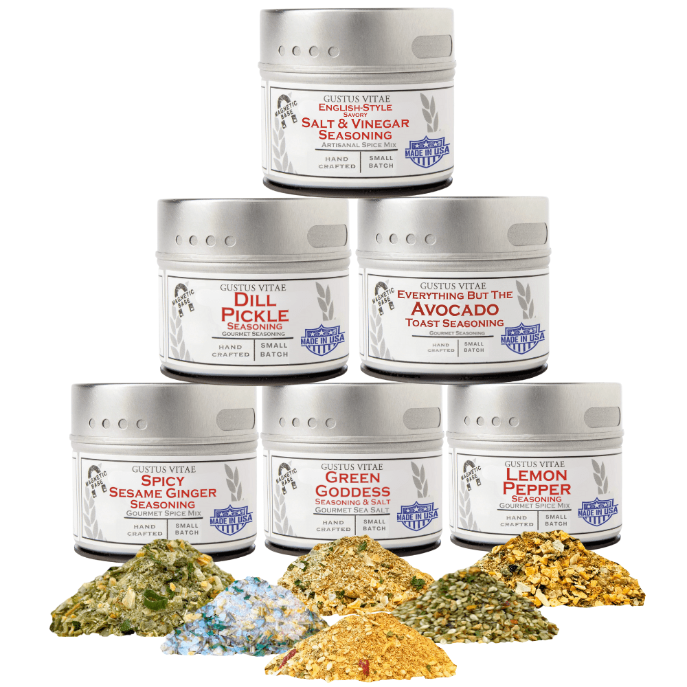 Gustus Vitae Zesty & Bright Seasoning Set featuring assorted spice blends in a gift collection for flavorful cooking.
