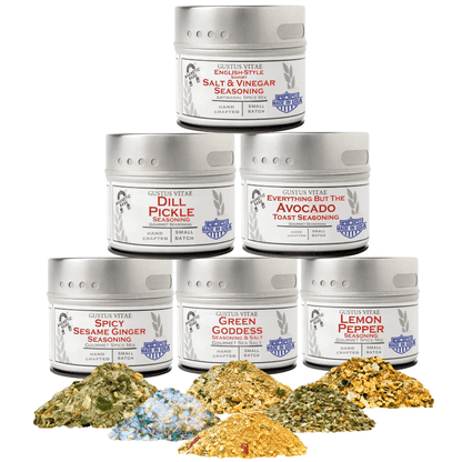 Gustus Vitae Zesty & Bright Seasoning Set featuring assorted spice blends in a gift collection for flavorful cooking.