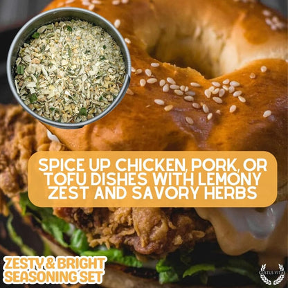 Gustus Vitae Zesty & Bright Seasoning Set with various flavorful spice blends in a gift collection.