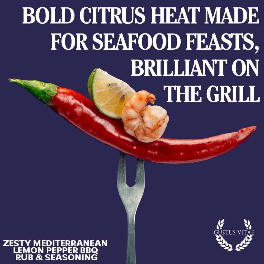 Gustus Vitae Bougie BBQ Zesty Mediterranean Lemon Pepper Rub and Seasoning in a jar, with fresh lemon and herbs on a wooden table.