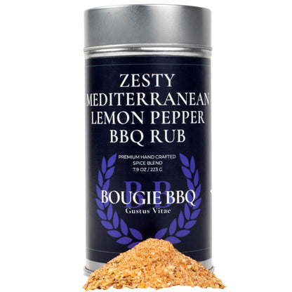 Gustus Vitae Zesty Mediterranean Lemon Pepper BBQ Rub and Seasoning in a jar, perfect for grilling and adding bright citrus flavor to dishes