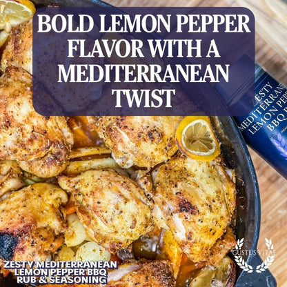 Gustus Vitae Zesty Mediterranean Lemon Pepper BBQ Rub in a jar, seasoned with lemon, pepper, and spices for grilling.