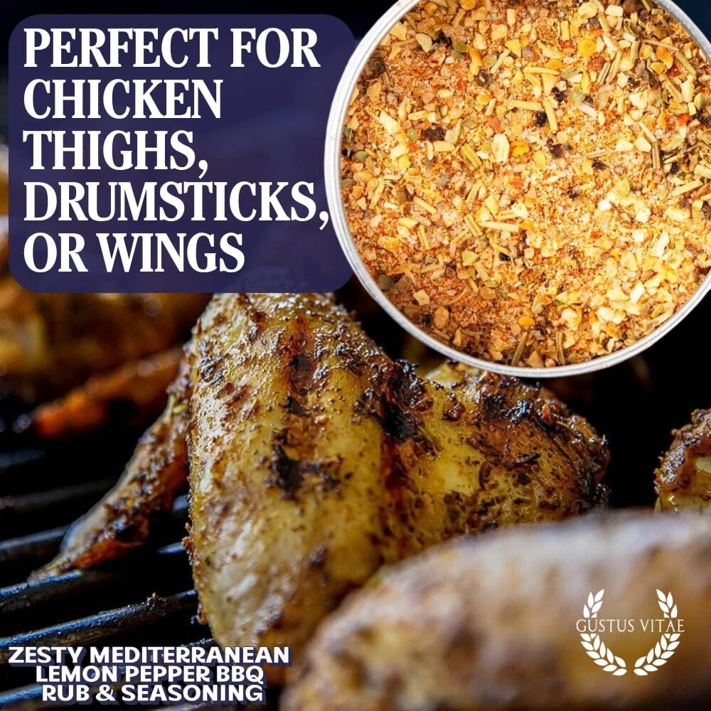 Gustus Vitae Zesty Mediterranean Lemon Pepper BBQ Rub and Seasoning in a jar, ideal for flavorful grilling and barbecue dishes.