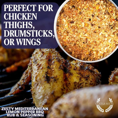 Gustus Vitae Zesty Mediterranean Lemon Pepper BBQ Rub and Seasoning in a jar, ideal for flavorful grilling and barbecue dishes.