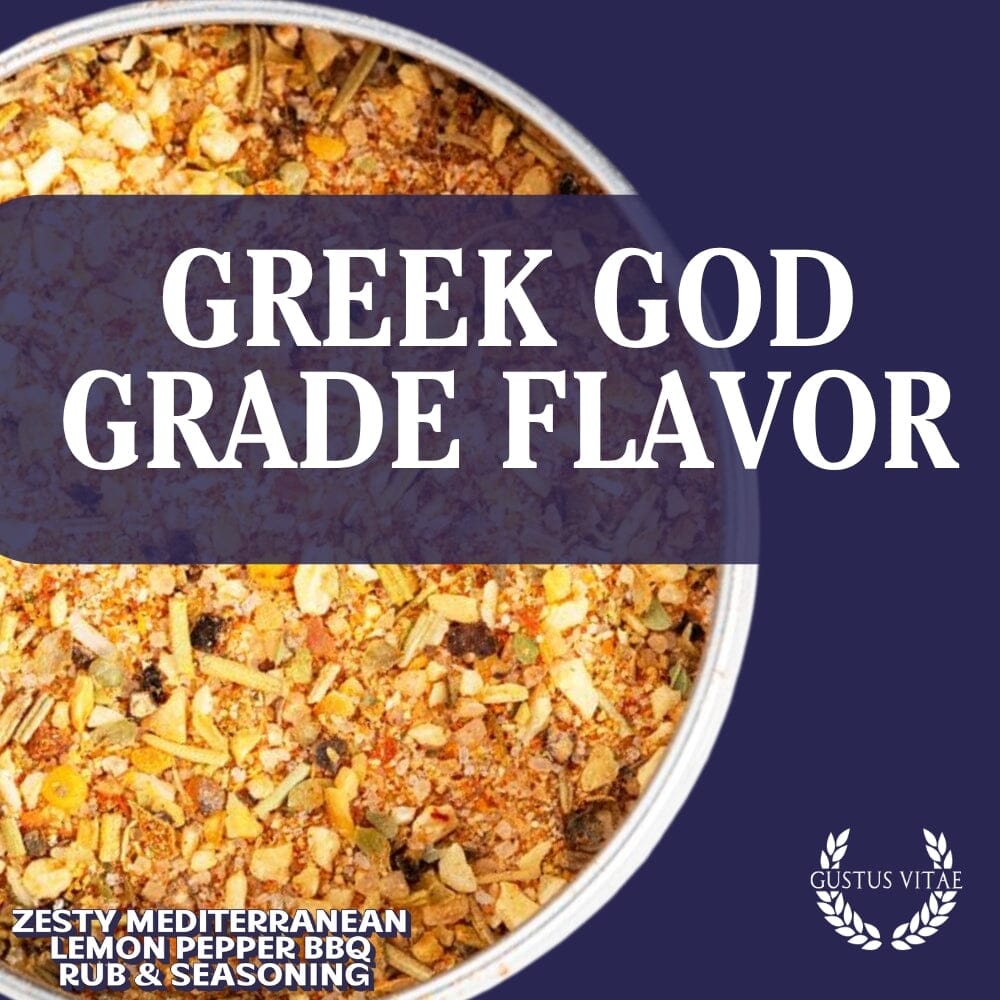 Gustus Vitae Bougie BBQ Zesty Mediterranean Lemon Pepper Rub and Seasoning in a jar with lemon and herbs visible