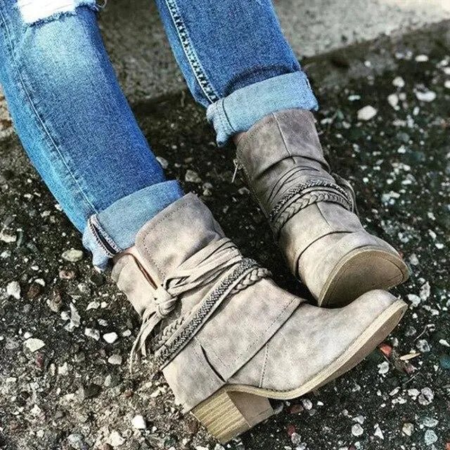 Zipper Tassel Braid Thick Heel Women's Shoes - BACKUPMYFILESNOW