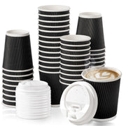 Fit Meal Prep 100 Pack 8 oz Black Disposable Coffee Cups with Lids & Stirrers Corrugated Triple Wall To Go Hot Cups Insulated Paper Coffee Cups for Hot Beverages Travel Home Office (White Lids)