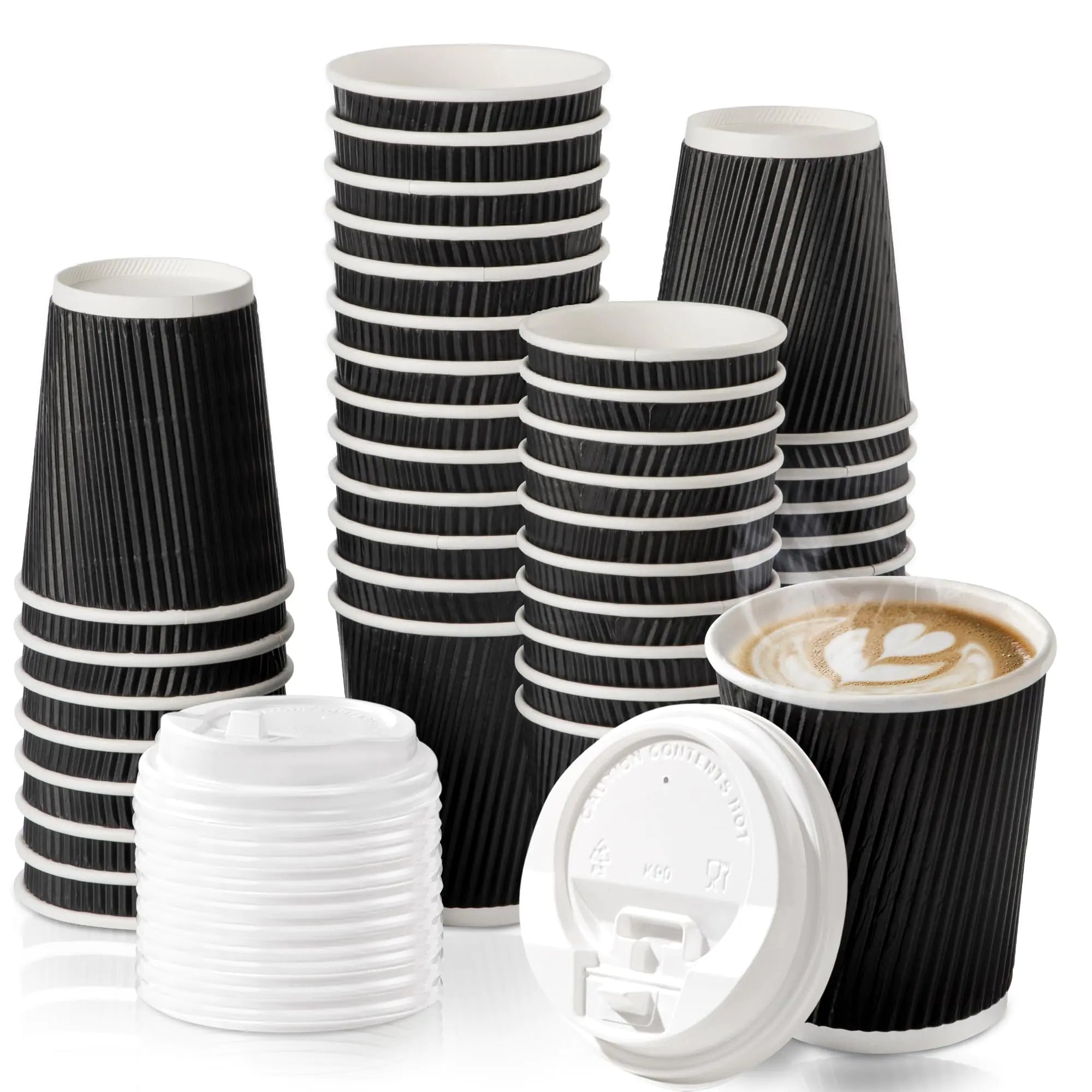 Fit Meal Prep 100 Pack 8 oz Black Disposable Coffee Cups with Lids & Stirrers Corrugated Triple Wall To Go Hot Cups Insulated Paper Coffee Cups for Hot Beverages Travel Home Office (White Lids)