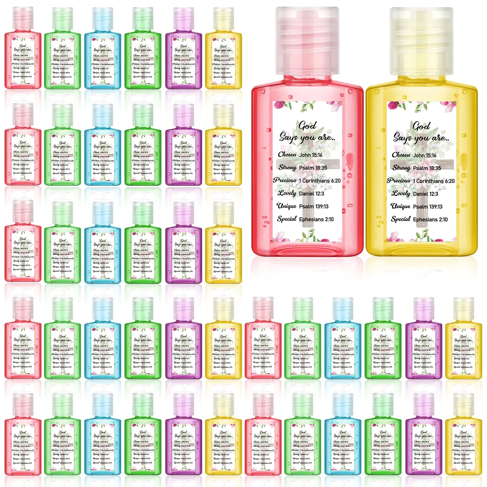 Gejoy 48 Pack Christian Hand Sanitizer Bulk Bible Verse Mini Hand Sanitizer Travel Size Hand Sanitizer Christian Gift for Women Pink Floral Mothers Day Religious Gift for Mom Grandma Church Favors